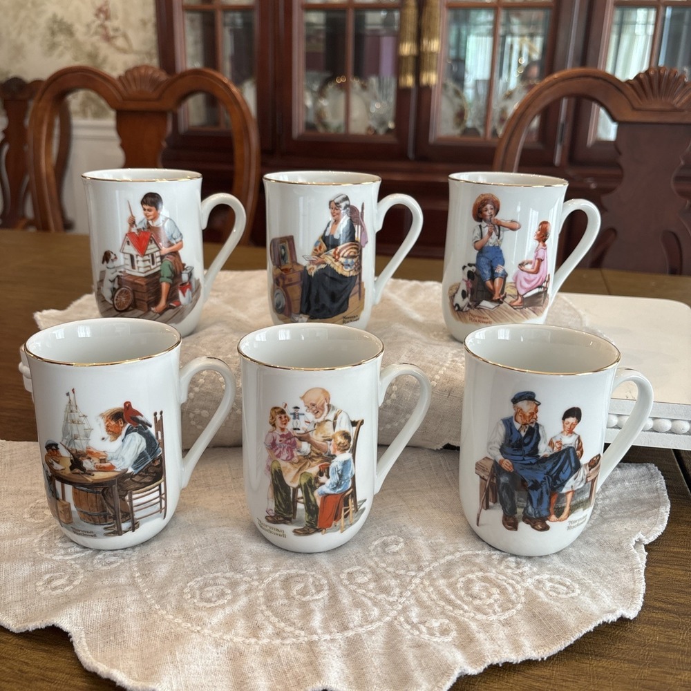 Set Of 6. Vintage 1982 Norman Rockwell Museum Coffee Cups Mugs Gold Trim